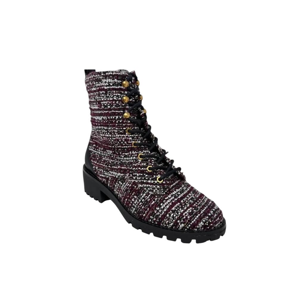 <<Tory Burch Miller Combat Lug Sole Tweed/Leather Booties Burgundy/White -8.5M - Picture 2 of 8